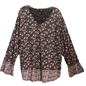 Lucky Brand Boho Black Ditsy Floral Three Quarter Length Sleeve Blouse Tunic